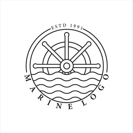 nautical logo line art vector minimalist simple template icon illustration design. ship steering wheel emblem with badge for marine and navy concept logo designのイラスト素材
