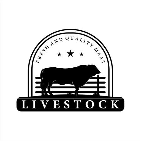 farm ranch and livestock logo vintage vector illustration template icon design. cow or buffalo label for butcher or butchery business concept emblem with badge designのイラスト素材