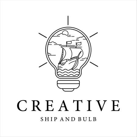 ship and bulb lamp logo line art minimalist simple vector illustration template design. sailboat inside bulb creative concept miniature for shop businessのイラスト素材