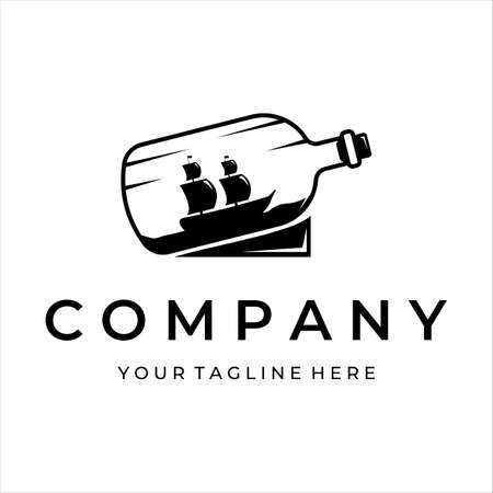 ship with bottle logo vintage vector illustration template design. sailboat inside bottle miniature concept for shop businessのイラスト素材