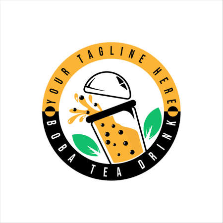 bubble drink tea logo vector illustration template icon design. cold milk shake beverage with boba icon logo concept for business bar or cafe with badgeのイラスト素材