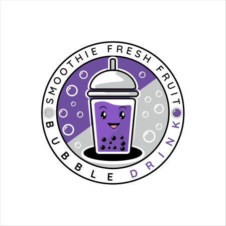 bubble drink logo vector illustration template icon design. cold milk shake grape berry purple color beverage with boba icon logo concept mascot for business bar or cafe with badgeのイラスト素材
