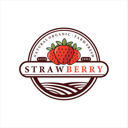 strawberry fruit logo vector illustration template icon design. icon fruit or vegetable for farm business concept with circle or round line modern vintage badge styleのイラスト素材