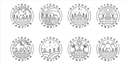 set of camping logo line art simple minimalist vector illustration template icon design. bundle collection of various adventure and wanderlust symbol for activity outdoor camp with circle badgeのイラスト素材
