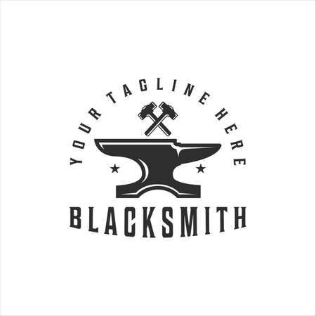 blacksmith anvil hammer logo vintage vector illustration template icon design. welding and forge service symbol for industrial company with retro typography style conceptのイラスト素材