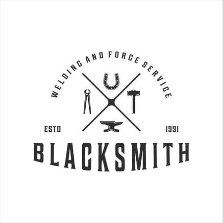 blacksmith hammer anvil tongs horseshoe logo vintage vector illustration template icon design. welding and forge service for industrial company with retro typography style conceptのイラスト素材