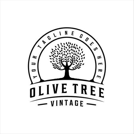 olive tree logo vintage vector illustration template icon design with typography badge conceptのイラスト素材