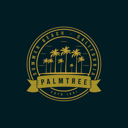 palm or coconut tree logo vintage illustration template icon design. retro circle badge with typography conceptのイラスト素材