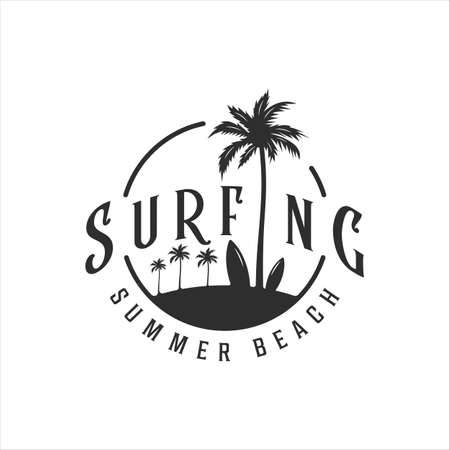surfing beach logo vintage vector illustration template icon design. paradise with palm or coconut tree creative symbol with retro style typographyのイラスト素材
