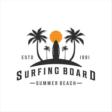 surfing beach logo vintage vector illustration template icon design. paradise retro symbol with typography styleのイラスト素材