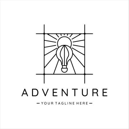 air balloon logo line art simple minimalist vector illustration template icon design. adventure fly with balloon business transportation concept with square badgeのイラスト素材