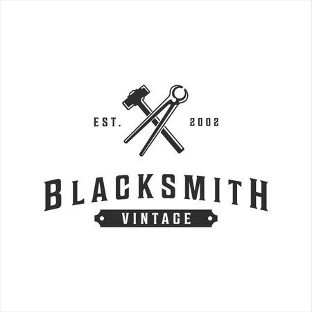 blacksmith hammer tongs logo vintage vector illustration template icon design. welding and forge service symbol for industrial company with retro typography style conceptのイラスト素材