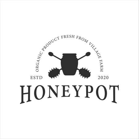honeypot logo vintage vector logo illustration template icon design. honey bee typography and logotype label conceptのイラスト素材