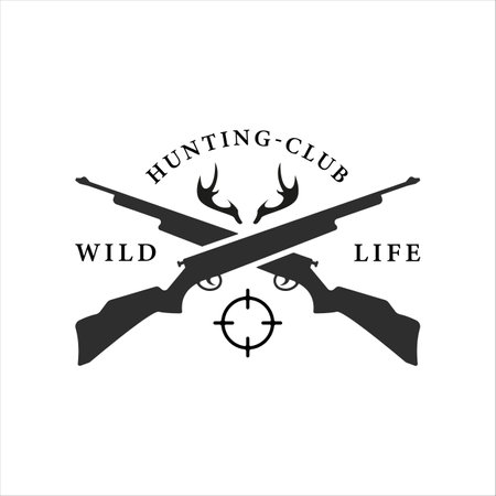rifle or gun logo vintage vector illustration template icon graphic design. deer antlers symbol for hunting club professionalのイラスト素材