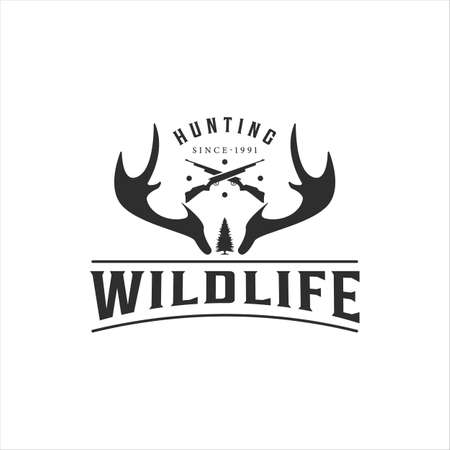 deer antlers and gun logo vintage vector illustration template icon graphic design. hunting symbol for professional hunter with typography styleのイラスト素材