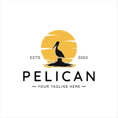pelican bird logo vintage vector illustration template icon graphic design. silhouette of animal with background sunset at riverのイラスト素材