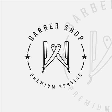 barber shop logo vintage minimalist vector illustration template icon graphic design. razor line art simple retro style with typographyのイラスト素材