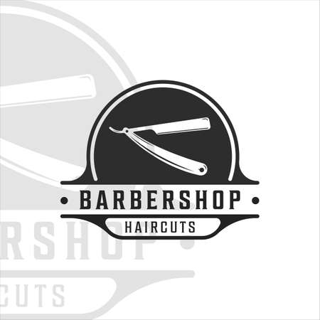 barber shop logo vintage vector illustration template icon graphic design. salon haircut razor minimalist symbol retro badge typographyのイラスト素材