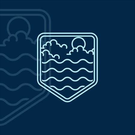 wave logo line art simple minimalist vector illustration template icon graphic design. sunburst at the ocean sign and symbol emblem label for travel or adventure business with badgeのイラスト素材