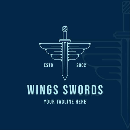 wings and sword logo line art simple minimalist vector illustration template icon graphic design. swords sign or symbol for company with blue color backgroundsのイラスト素材