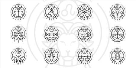 set of zodiac or horoscope logo line art vector illustration template icon graphic design. bundle collection of various circle badge of astrology with typographyのイラスト素材