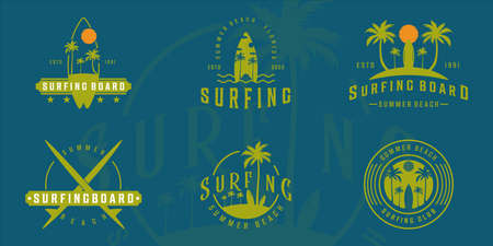 set of surfing board at the beach logo vintage vector illustration template icon graphic design. bundle collection of various surfboard sign and symbol with typography style for travel and businessのイラスト素材