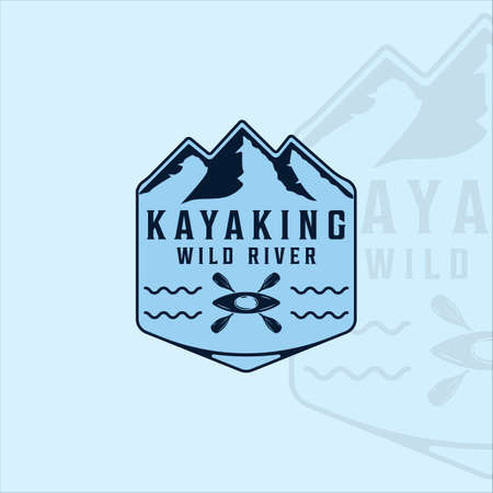 kayak at river mountain logo vintage vector illustration template icon graphic design. kayaking or canoe sign or symbol for adventure sportのイラスト素材