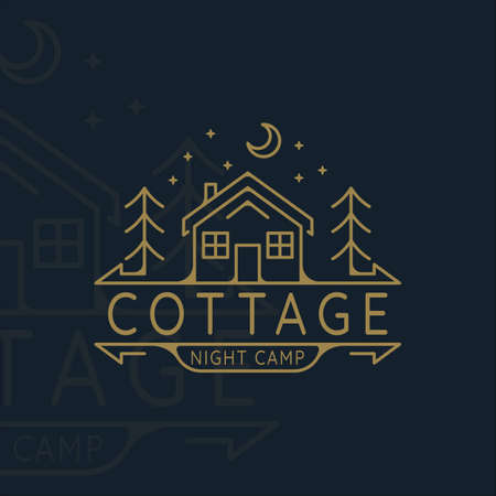 cabin or cottage line art logo vector illustration template icon graphic design. night camp at nature with pine and star moonのイラスト素材