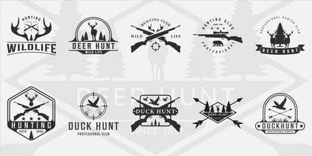 set of hunting vintage vector illustration template icon graphic design.bundle collection of various deer bear and duck hunt sign or symbol for hunter with retro badge and typographyのイラスト素材