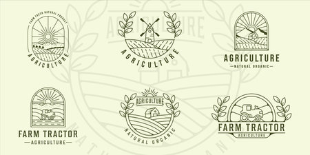 set of farm tractor agriculture line art vector illustration template icon graphic design. bundle collection of various landscape view with typography badgeのイラスト素材