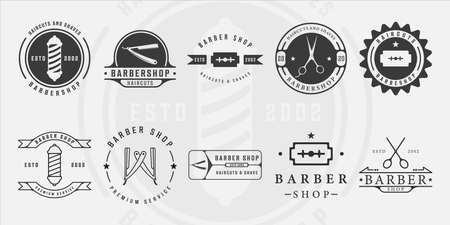 set of minimalist barbershop logo line art vintage vector illustration template icon graphic design. bundle collection of various barber shop sign or symbol for business retro conceptのイラスト素材