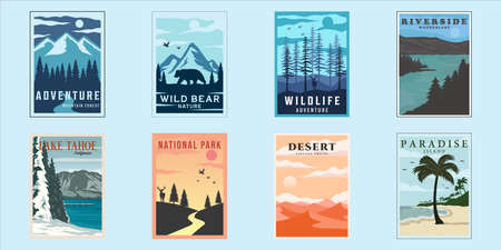 set of outdoor nature poster minimalist vintage vector illustration template graphic design. bundle collection of various national park concept at beach forest lake and wildlifeのイラスト素材