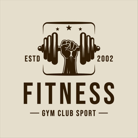 hand fist and barbell logo vector vintage illustration template icon graphic design. gym or fitness sign or symbol for sport businessのイラスト素材