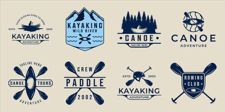 set of kayak or canoe logo vector vintage illustration template icon graphic design. bundle collection of various paddle or rowing sign or symbol for adventure sport travel and businessのイラスト素材