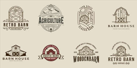 set of barn logo line art vintage vector illustration template icon graphic design. bundle collection of various farm house sign or symbol for agriculture business with badge and typographyのイラスト素材