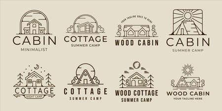 set of cabin or cottage logo line art simple minimalist vector illustration template icon graphic design.bundle collection outdoor adventure emblem for nature concept with badge and typographyのイラスト素材