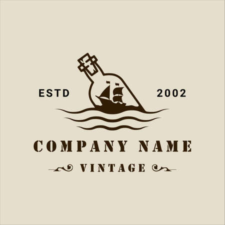 sailing ship inside bottle logo vintage vector illustration template icon graphic design. retro sailboat miniature concept sign or symbol for shop business and travel print t-shirtのイラスト素材