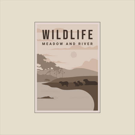 capybara in the river crocodile vintage poster minimalist vector template graphic design. wildlife outdoors meadow banner for adventure or environment conceptのイラスト素材