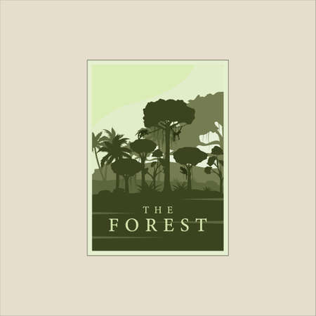 forest or jungle with various tree poster vintage minimalist vector illustration template graphic design. wildlife outdoors in jungle with monkey for business travel adventure or environment conceptのイラスト素材