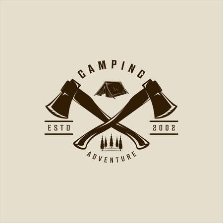 crossed axes camping logo vector vintage illustration template icon graphic design. nature camp forest sign or symbol for outdoors travel concept with retro typography styleのイラスト素材