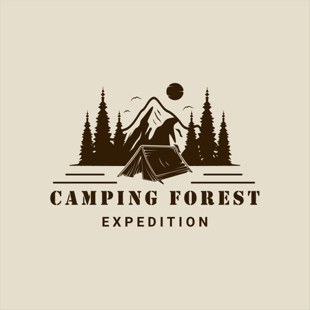 camping at forest and mountain logo vector vintage illustration template icon graphic design. outdoors travel sign or symbol for adventure and wanderlust conceptのイラスト素材