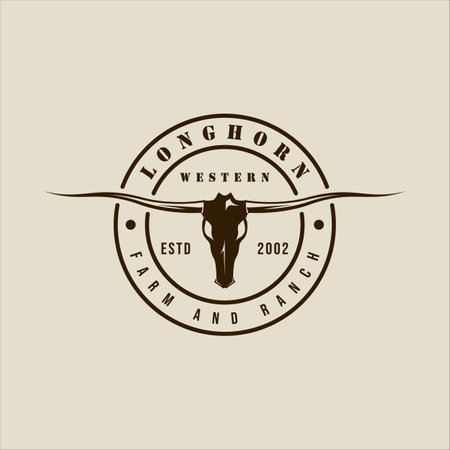 longhorn texas logo vector vintage illustration template icon graphic design. skull head of cow or buffalo sign or symbol for animal wildlife or ranch business with retro circle badge typography styleのイラスト素材