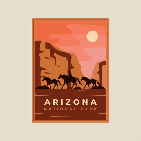 cowboy on horse minimalist vintage poster illustration template graphic design. arizona national park with mountains and desert concept for travel or tourism businessのイラスト素材