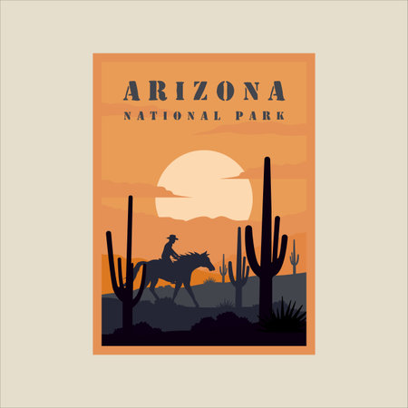 arizona national park minimalist vintage poster illustration template graphic design.cowboy and horse at desert cactus at landscape sunset view for business travelのイラスト素材