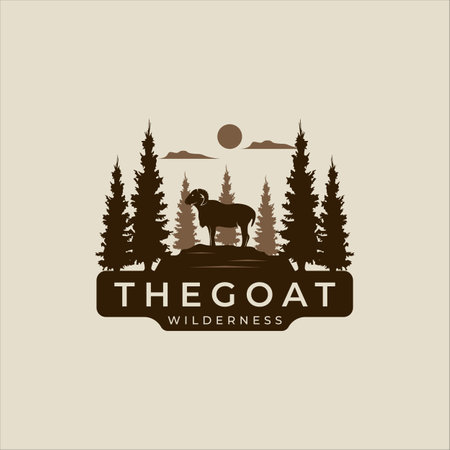 goat at nature forest logo vector vintage illustration template icon graphic design. animal sign or symbol for business livestock and ranch or wildlife wilderness conceptのイラスト素材