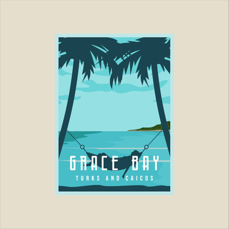 grace bay beach vector poster illustration template graphic design. turks and caicos island banner and sign with girl in hammock for business travel or vacation conceptのイラスト素材