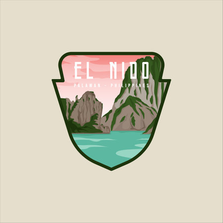 el nido palawan beach emblem vector illustration template graphic icon design. philippines island landmark label and badge for business travel or environment advertising with vacation conceptのイラスト素材