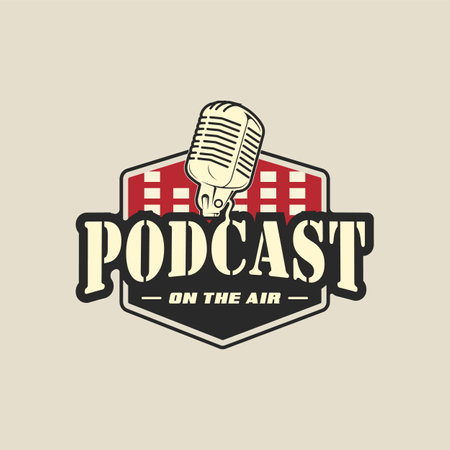 old microphone emblem logo vintage vector illustration template icon graphic design. podcast station sign or symbol for broadcast or radio concept with retro badge typography styleのイラスト素材