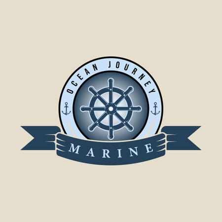 ship steering wheel nautical emblem logo vector vintage illustration template icon graphic design. marine navy sign or symbol for travel business transportation or military with retro badge typographyのイラスト素材