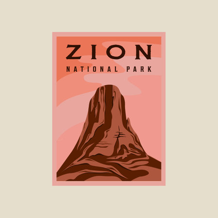 zion national park minimalist vintage poster illustration template graphic design. canyon rock mountain banner for travel business with simple landscape viewのイラスト素材